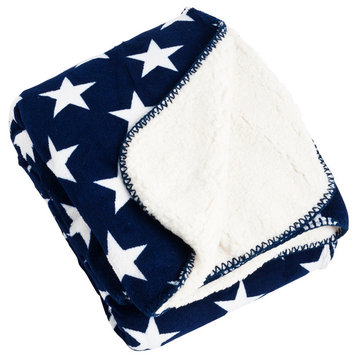 Reversible Star Design Sherpa Plush and Cozy Throw Blanket, Navy and White