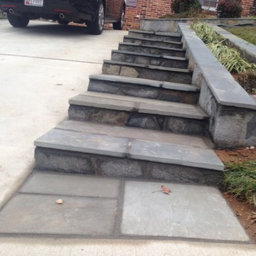 Flagstone Walkway in Silver Spring MD with Stone Retaining Walls & Rails