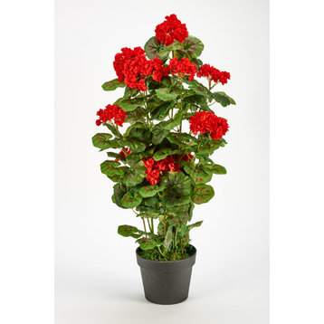 31" Large Faux Geranium In 7" Pot With Moss, Red