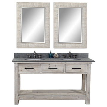 Rustic Solid Fir Double Sink Vanity With Polished Textured Surface Granite Top