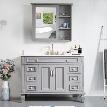 48 Inch Bathroom Vanity Set with Mirror Cabinet, Quartz Top, cUPC Certified Sink, Titanium Grey