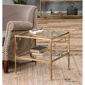 Home Square Metal and Tempered Glass Cube Table in Gold - Set of 2