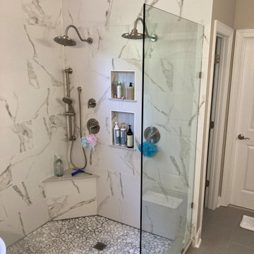 Serene Spa-Inspired Bathroom Remodel: Rain Shower, Pebble Pan, Freestanding Tub