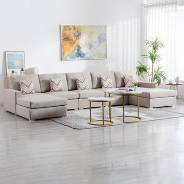 Nolan 152" Linen 5Pc Double Chaise Sectional Sofa with Pillows and Interchangeab