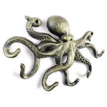 Cast Iron Octopus Hook, Antique Gold, 11"