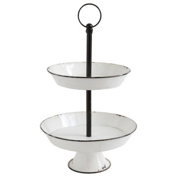 Decorative 2-Tier Enameled Metal Tray with Distressed Finish & Handle