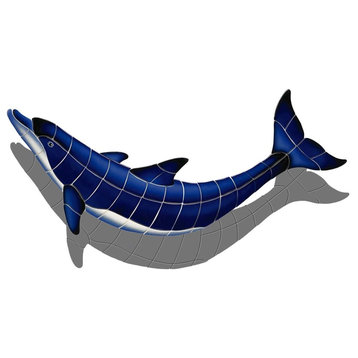 Blue Dolphin B Ceramic Swimming Pool Mosaic 24"x13" with shadow