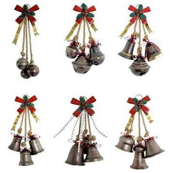 Set of 6 Old World Galvanized Christmas Bells With Bows