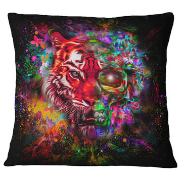 Colorful Tiger Head With Half Skull Abstract Throw Pillow, 18"x18"