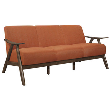 Retro Modern Sofa, Exposed Walnut Finished Frame & Cushioned Seat, Orange