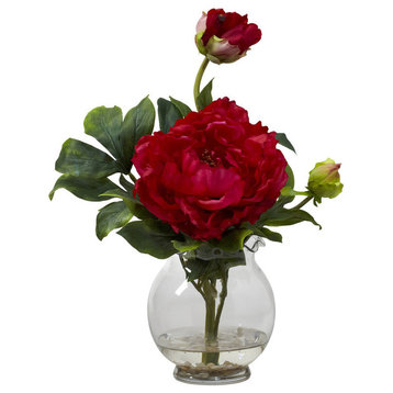Peony With Fluted Vase Silk Flower Arrangement, Red