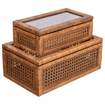 Modern Decorative Rectangle Woven Rattan and Wood Display Boxes with Glass Top