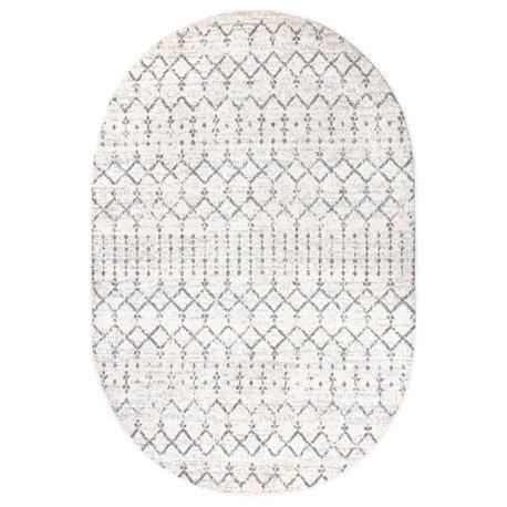 Moroccan HYPE Boho Vintage Diamond Runner Rug, Cream/Gray, 3 X 5 Oval