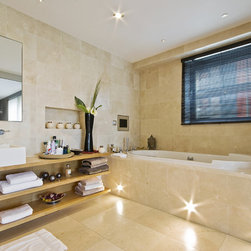 Mini Blinds | Modern Bathroom | Black & Brown | Organized Shelving - Vertical Blinds