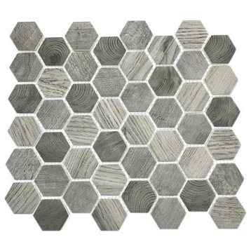 Hexagon Pattern Recycled Glass Mosaic Tile With Printed Patterns, Box of 15