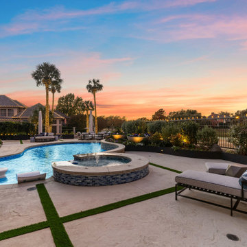 Custom Outdoor Living Pool Deck with Stamped Concrete & Turf