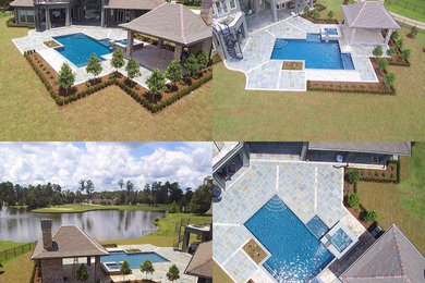 Mid-sized elegant backyard stone and custom-shaped lap pool house photo in Other