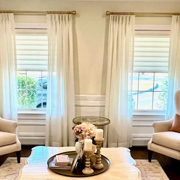 Hunter Douglas Silhouette Shades under Sheer Pinch Pleat Drapes on Brass TRAX Ha