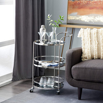 Contemporary Bar Cart, Chrome Frame and 3 Tiers Round Tinted Glass Trays