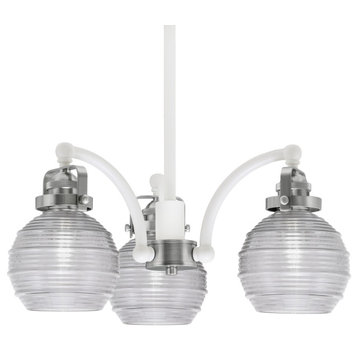 Easton 3 Light, Chandelier, White & Brushed Nickel Finish, 6" Clear Ribbed