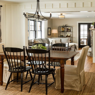 Design ideas for a country open plan dining in Minneapolis with white walls and medium hardwood floors.