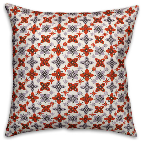 Folk Floral Pattern, Red and Purple Outdoor Throw Pillow, 20"x20"