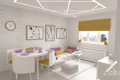 Inspiration for a medium sized contemporary open plan dining room in Other with white walls, laminate floors, white floors and brick walls.