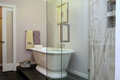 Traditional bathroom in Other with gray tile, porcelain tile and slate floors.