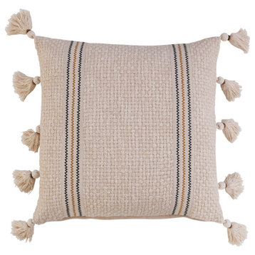 18 Inches Square Woven Cotton Pillow With Embroidery and Tassels, Multicolored