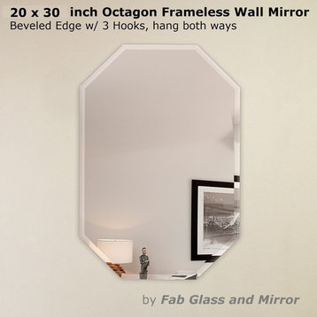 20 x 30 inch Octagon Frameless Wall Mirror bevel polish with 3 Hooks