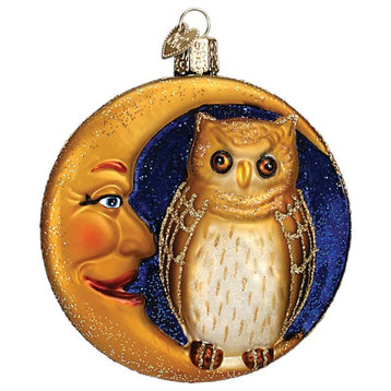 Old World Christmas Glass Blown Ornament (#26064) Owl in Moon, 3.75"
