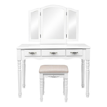 Large Dressing Table Set With Tri-folding Mirror and Cushioned Stool, 3-Drawer