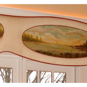 An elegant custom cornice board window treatment beautifully hand painted.