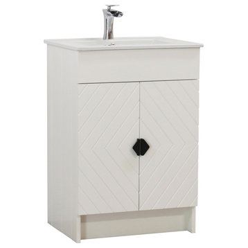 24" Single Sink Foldable Vanity, White With White Ceramic Top