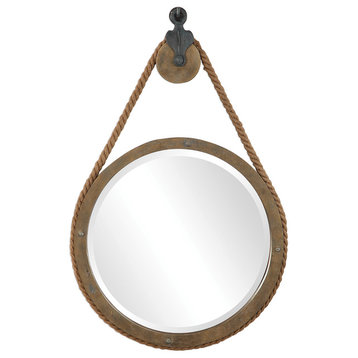 Rustic Round Rope Pulley Pendant Wall Mirror | Industrial Nautical Vintage Style
