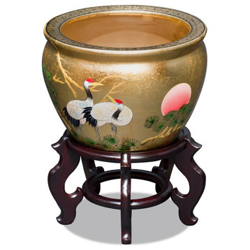 12 Inch Gold Leaf Longevity Cranes Fishbowl Planter, With Stand