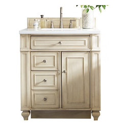 30 inch Antique Single Sink Bathroom Vanity Vintage Vanilla Finish White Quartz - Bathroom Vanities And Sink Consoles