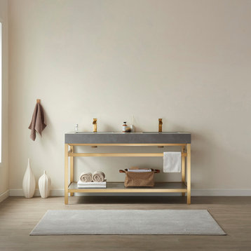 Funes Bath Vanity without Mirror, Brushed Gold Support, 60" Double Sink, Grey Stone Top