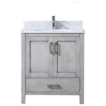 30" Distressed Gray Single Vanity, White Marble Top, White Sink and No Mirror