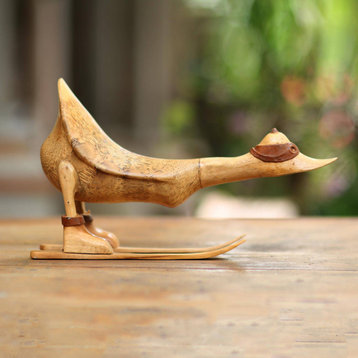 NOVICA Downhill Duck In Natural And Wood Statuette