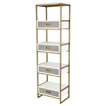 Modern Olympus Shelf Gold Metal Frame and Open Wood Shelves Four Grey Drawers