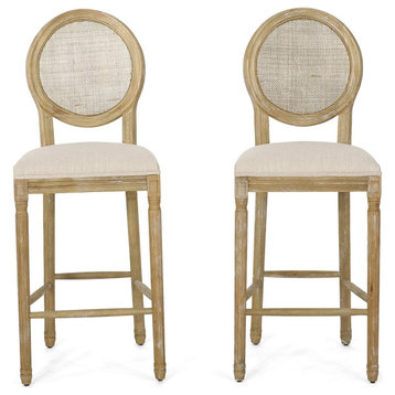 Set of 2 Bar Stool, Turned Rubberwood Legs and Round Wicker Back, Beige/Natural