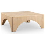 Meridian Furniture - Eloise Oak Veneer Coffee Table, Natural, Wood - Introducing a striking addition to modern living spaces, the Eloise natural oak veneeer coffee table brings a bold and architectural presence. Its sleek, square top is complemented by textured vertical detailing along the sides, adding depth and visual intrigue. The arched cutouts at the base create a sculptural look, creating a statement while offering ample surface space for decor or everyday essentials, perfect for contemporary or minimalist interiors.