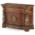 Michael Amini - Villa Valencia Bachelor's Chest, Classic Chestnut - This bachelor&rsquo;s chest seems like it has been transported from an era when craftsmanship still reigned. Constructed with birch solids, veneers in cherry, pecan, and elm burl, can a classic cherry finish, this chest is built to withstand the years. Note the marble pilasters and inset for the top, all detailed with the breathtaking leaf and foliage carving. The chest pulls open from a stunningly intricate floral handle styled in the shape of a sunburst. Within there is a spacious upper drawer, a broad middle chamber, and two side compartments for maximum functionality.
