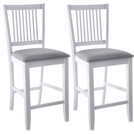 Set of 2 Slat-Back Padded Wood Counter Stools, White