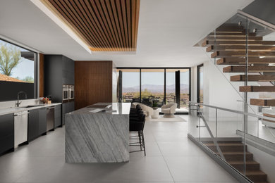 Example of a large minimalist single-wall porcelain tile, gray floor and shiplap ceiling eat-in kitchen design in Phoenix with an undermount sink, flat-panel cabinets, black cabinets, stainless steel appliances and an island