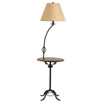 150W 3 Way Iron Floor Lamp with Wood Tray Table, Cherry Finish, Golden