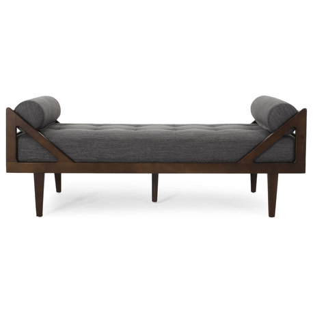 Sumner Contemporary Tufted Chaise Lounge with Rolled Accent Pillows, Charcoal/Dark Brown