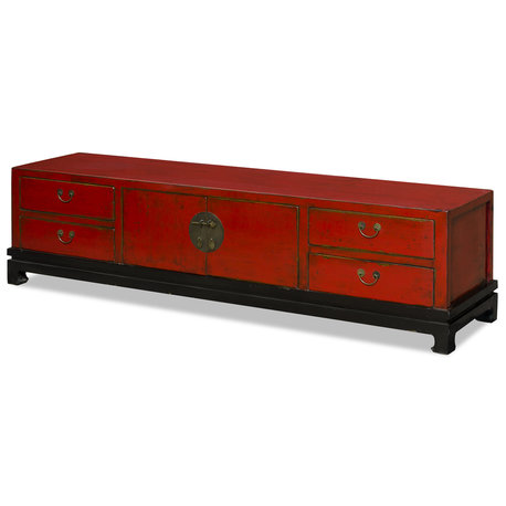 Elmwood Chinese Village Kang Media Cabinet, Distressed Red