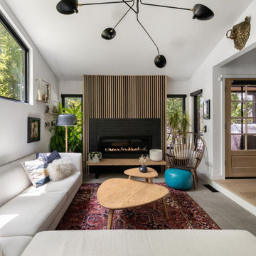 Living room, wood slat fireplace — Nixon I, Reno interior design by Find Design